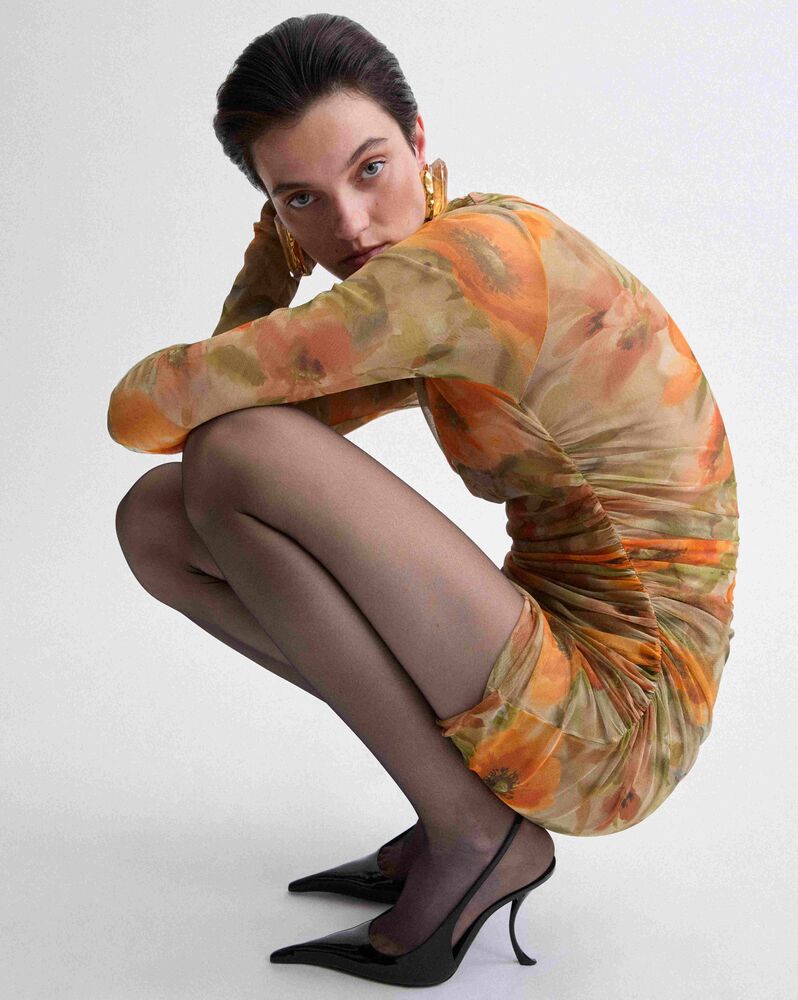 ruched mini dress in floral tulle jersey