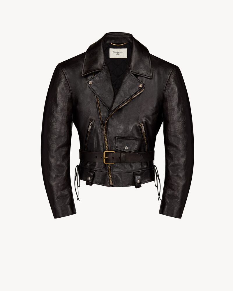 lace-up biker jacket in grained leather