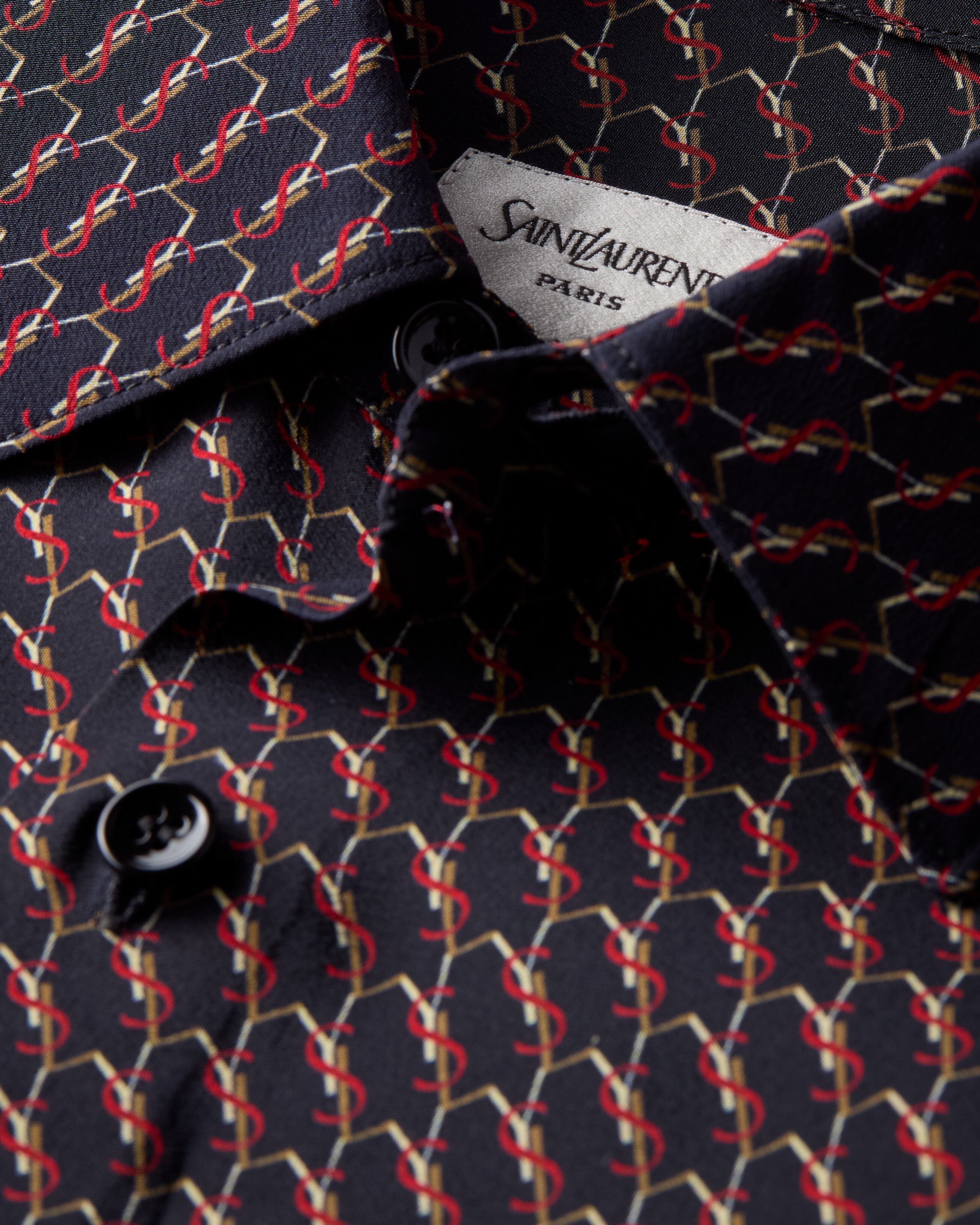 shirt in silk with cassandre all over in Black | Saint Laurent