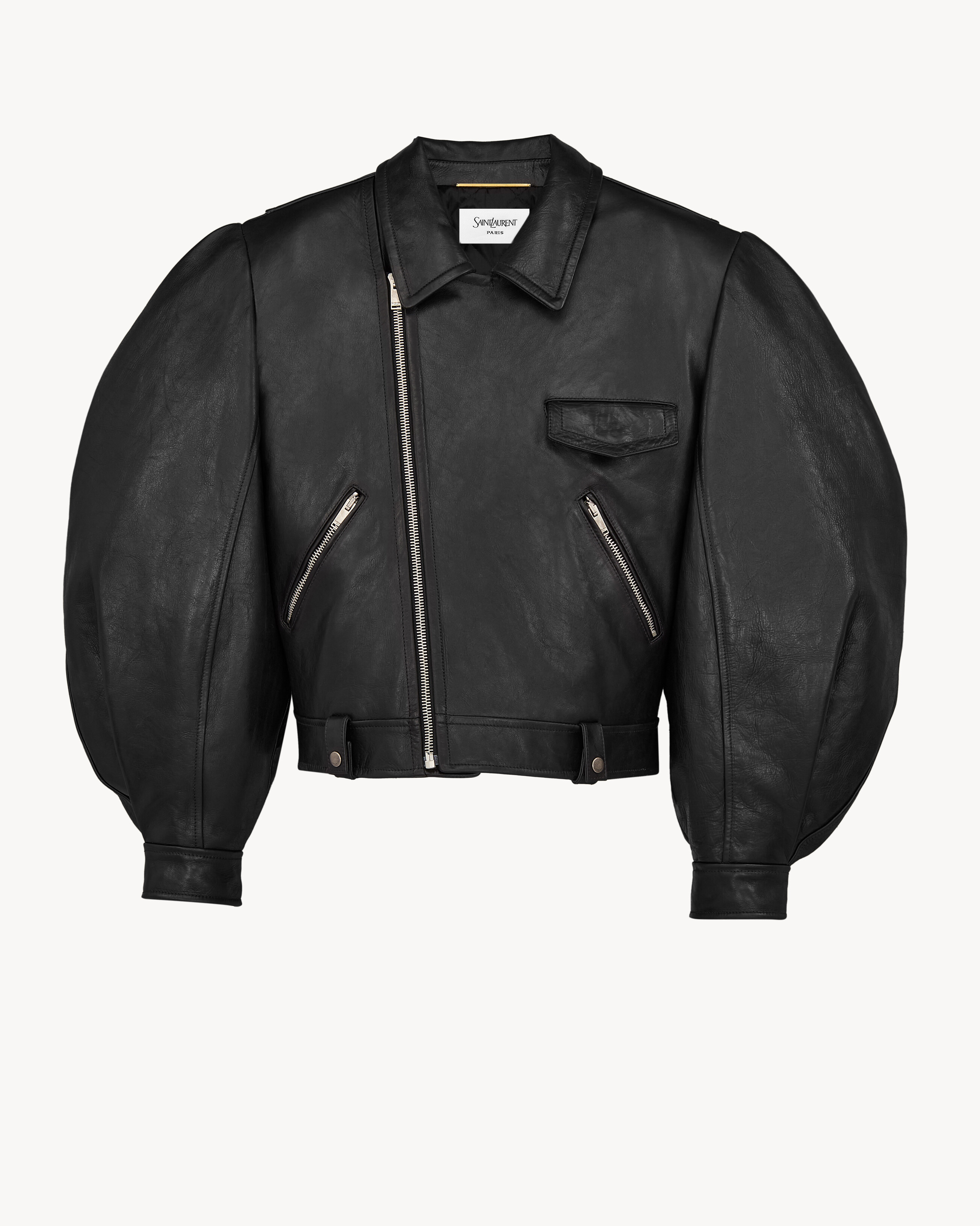 balloon-sleeve jacket in creased leather