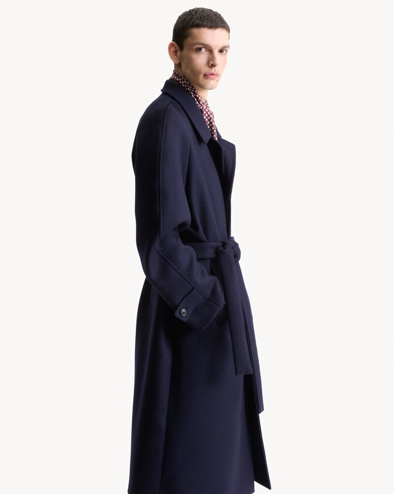 belted balmacaan in brushed wool gabardine
