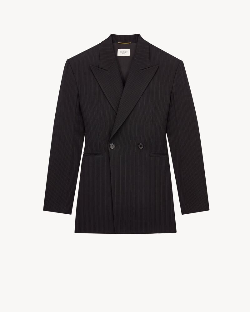 blazer com fechamento duplo em lã mélange risca de giz