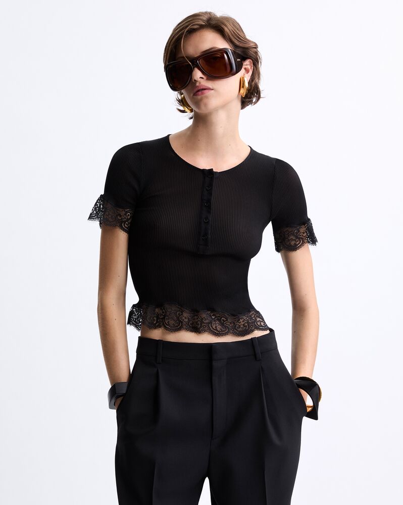 laced T-shirt in ribbed silk jersey