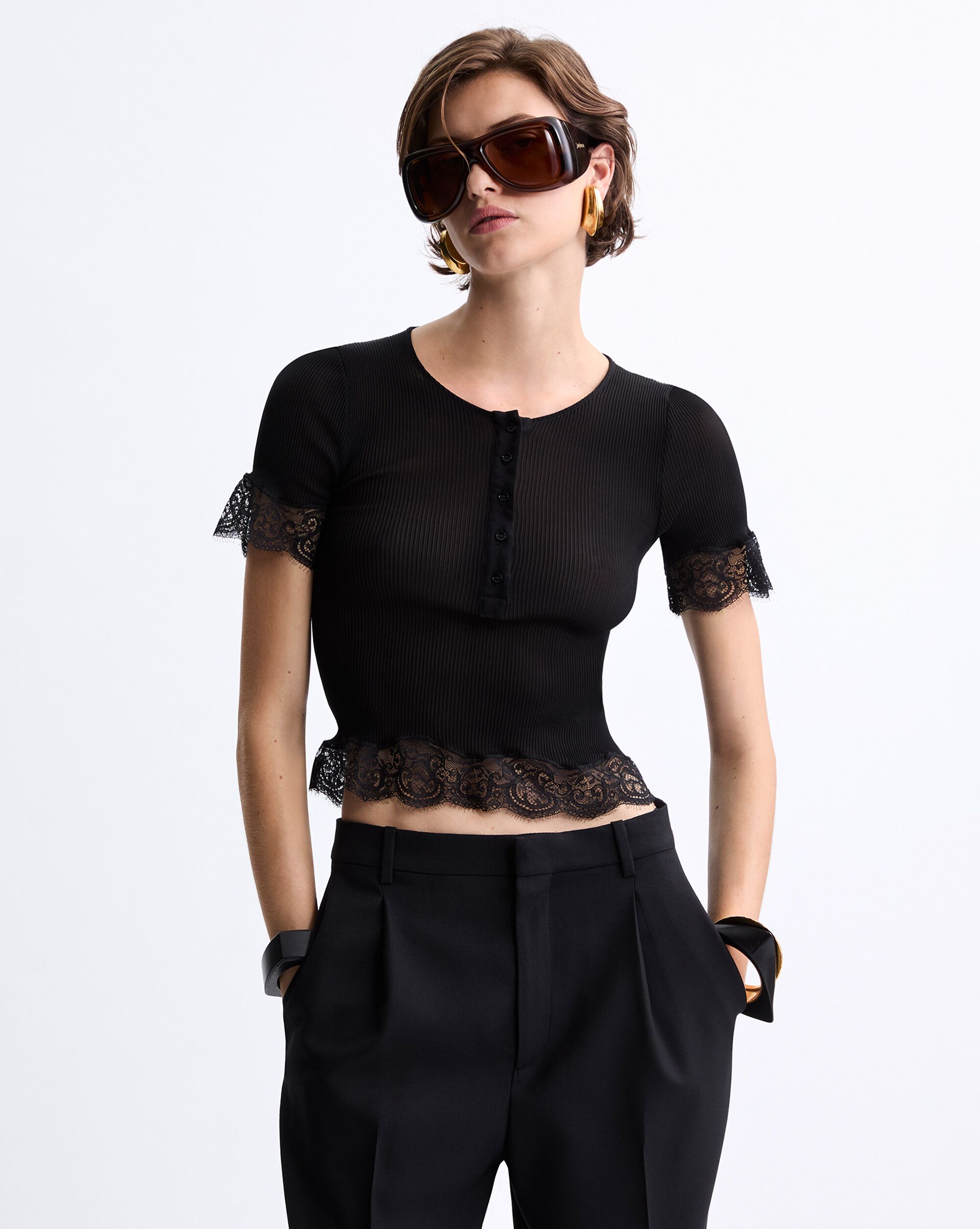 laced T-shirt in ribbed silk jersey