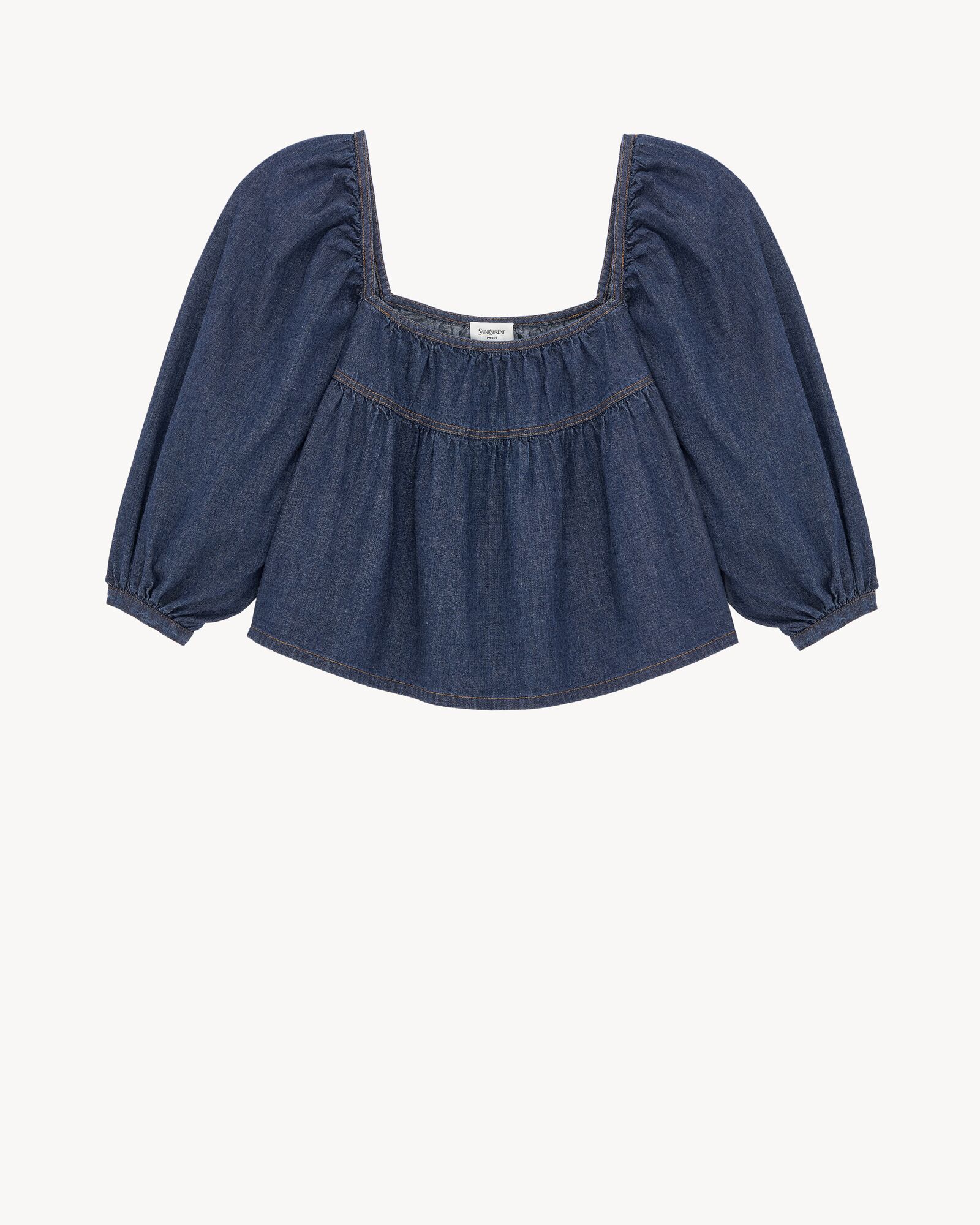 ruffled crop top in indigo denim in Blue | Saint Laurent | YSL US