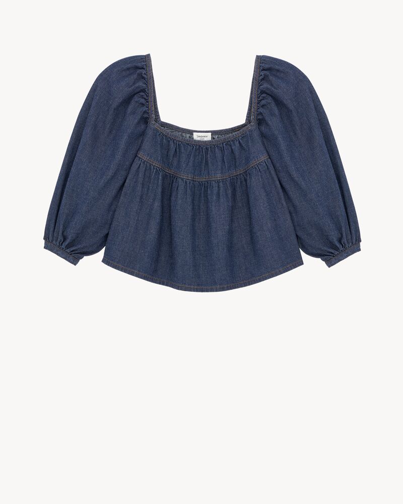 ruffled crop top in indigo denim