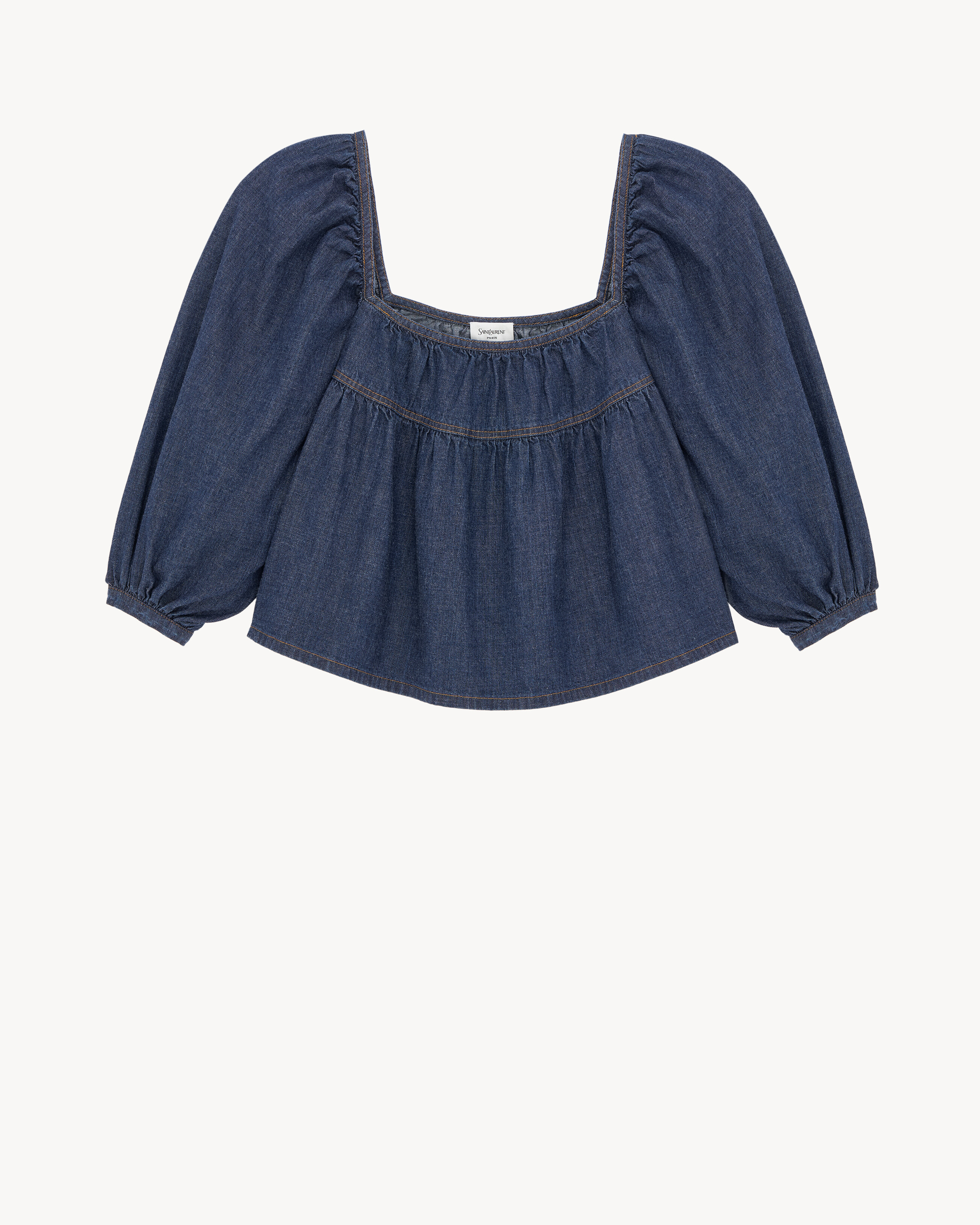ruffled crop top in indigo denim