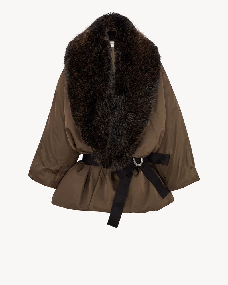 fur-collar coat in silk