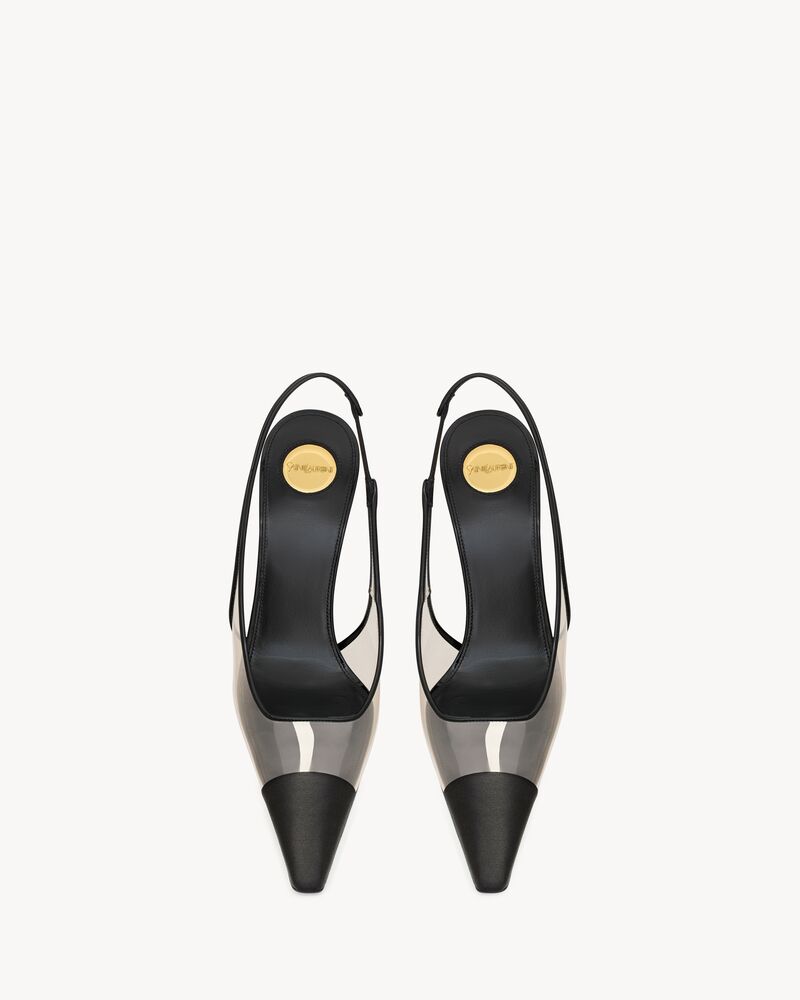 ROMY slingback pumps in TPU, satin, and patent leather