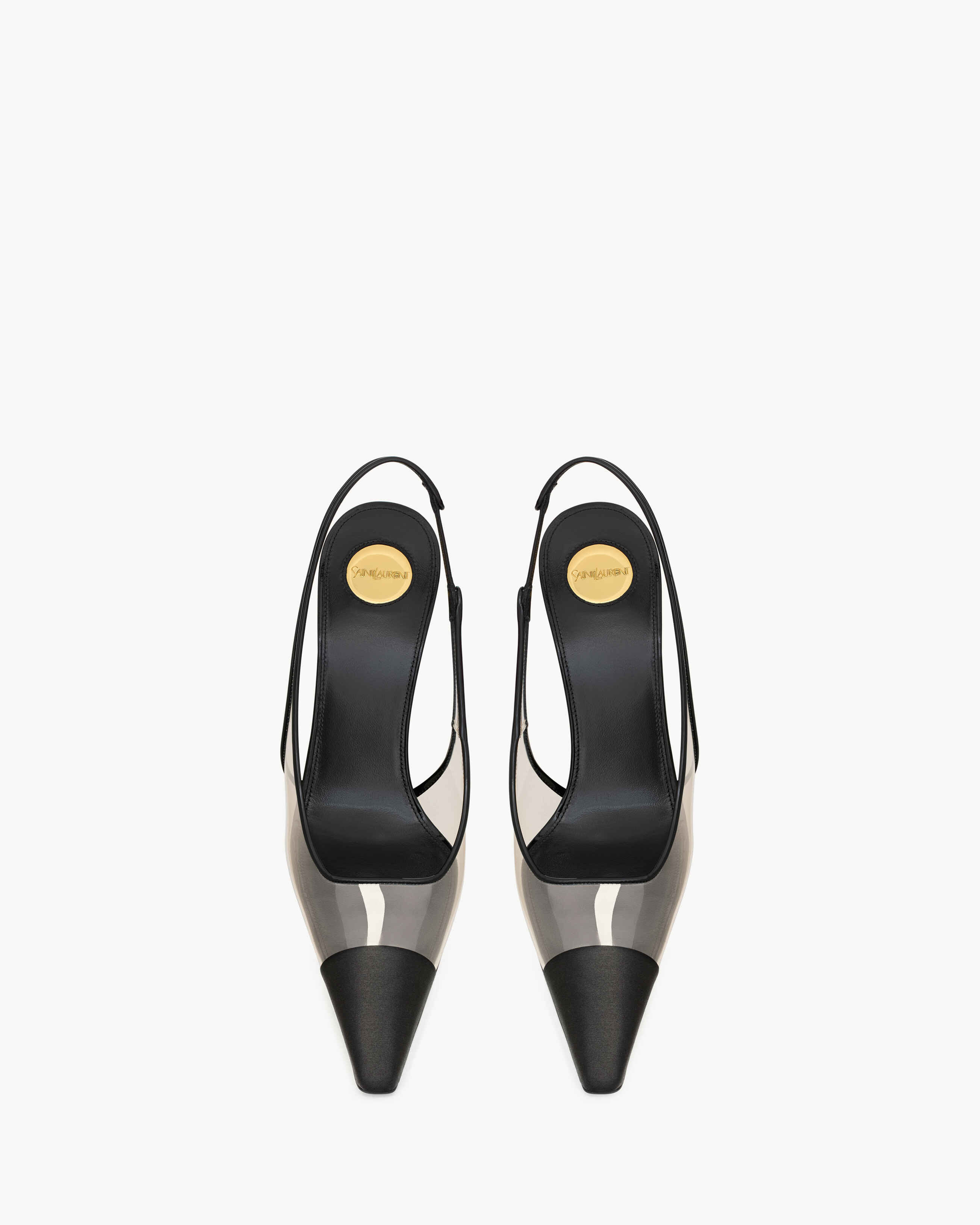 ROMY slingback pumps in TPU, satin, and patent leather