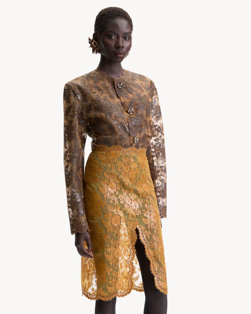 split pencil skirt in silicone-coated lace