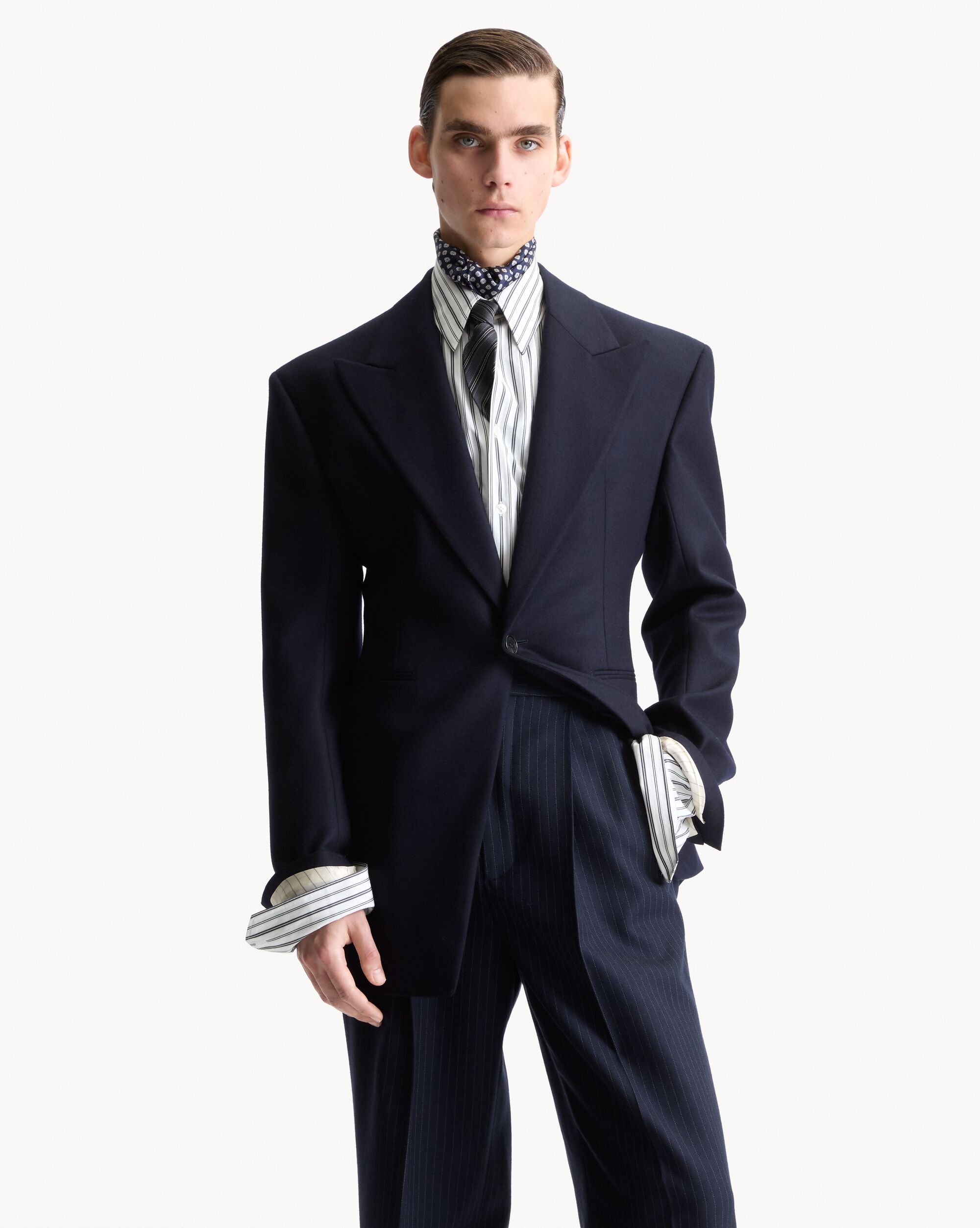 fluid pants in pin dot stripe wool gabardine