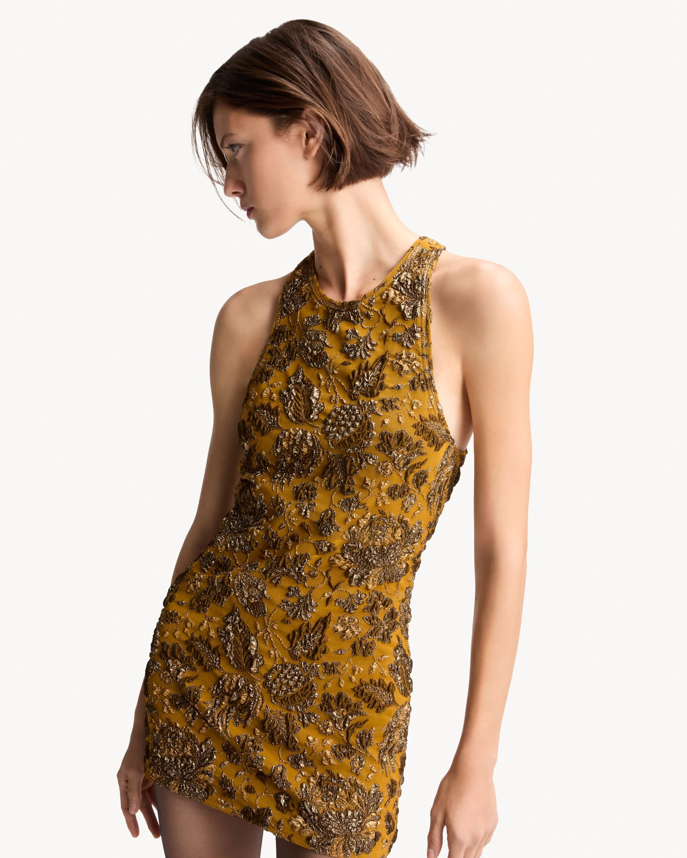 cross-back mini dress in stretch brocade