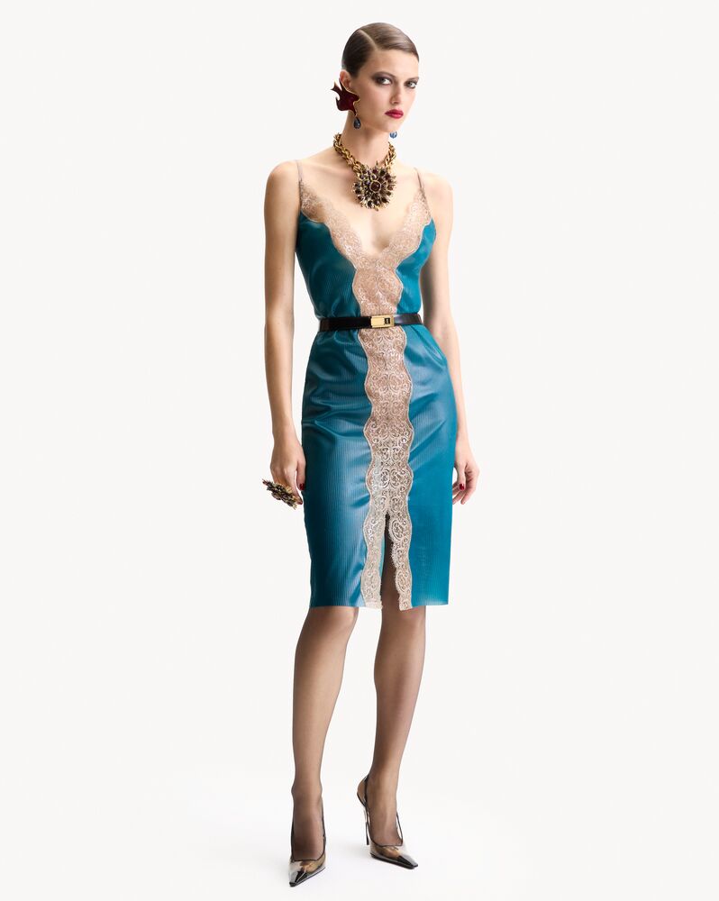 laced midi dress in silicone-coated ribbed silk jersey