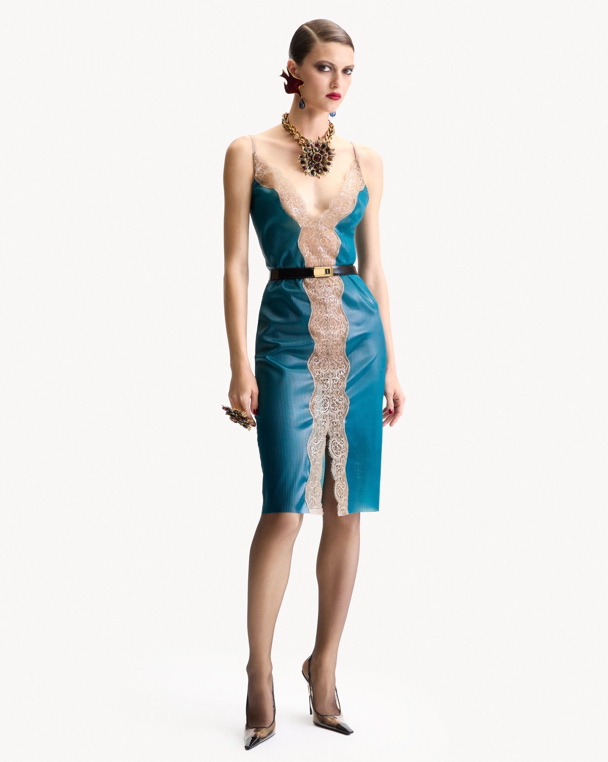 laced midi dress in silicone-coated ribbed silk jersey
