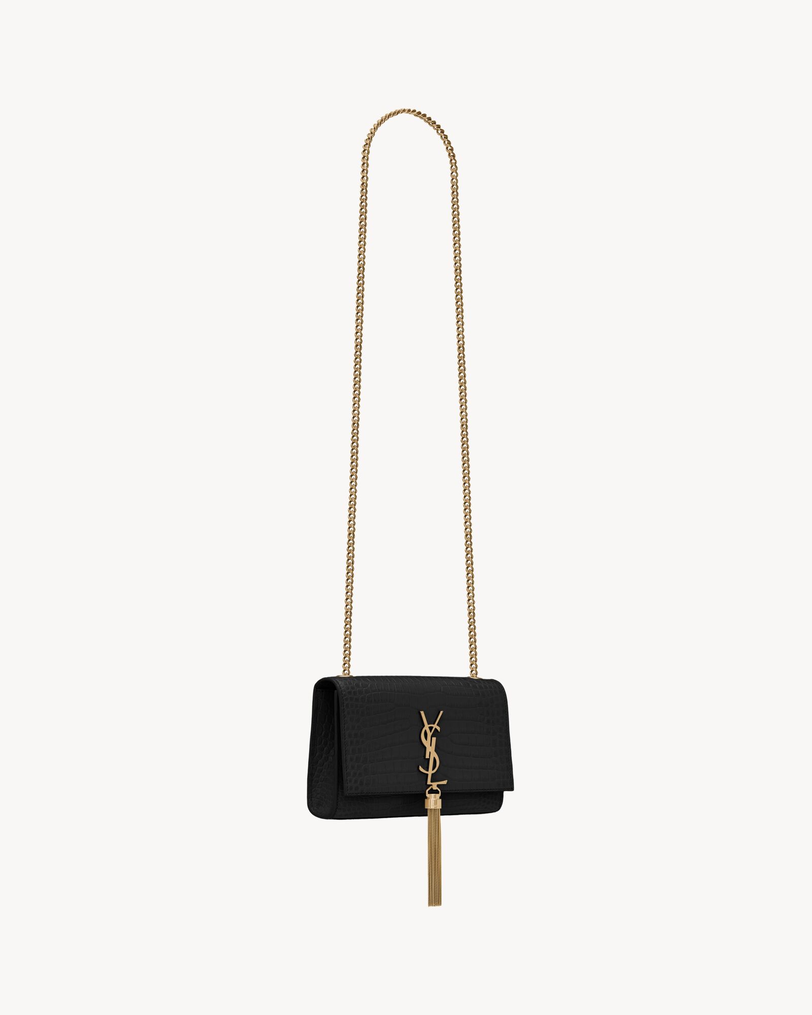 KATE small chain bag with tassel in crocodile-embossed shiny leather ...