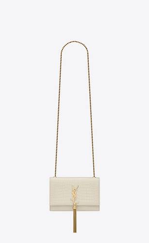 kate small chain bag with tassel in crocodile-embossed shiny leather