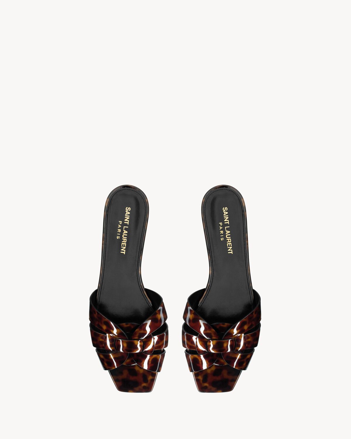 생로랑 톨토이즈쉘 페이턴트 가죽 트리뷰트 뮬 5727611TW002094