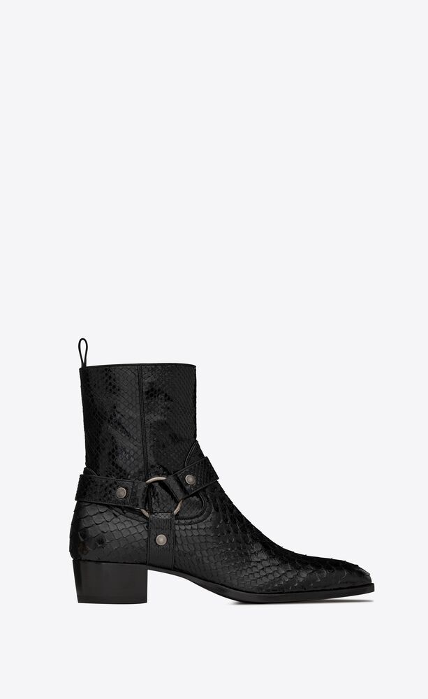 WYATT harness boots in lacquered python 