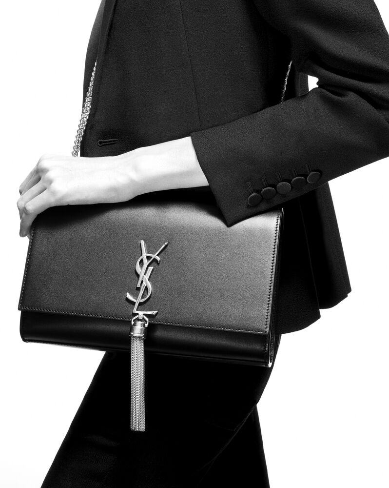 Ysl Kate Croc-Embossed Wallet on Chain, Black Calf Leather