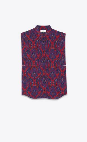 sleeveless shirt in printed paisley crepe de chine