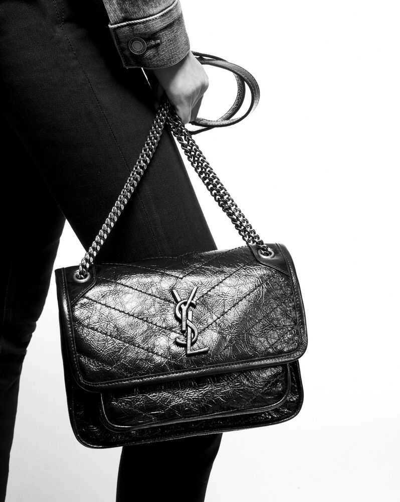 SAINT LAURENT Niki Baby in Crinkled leather in Black