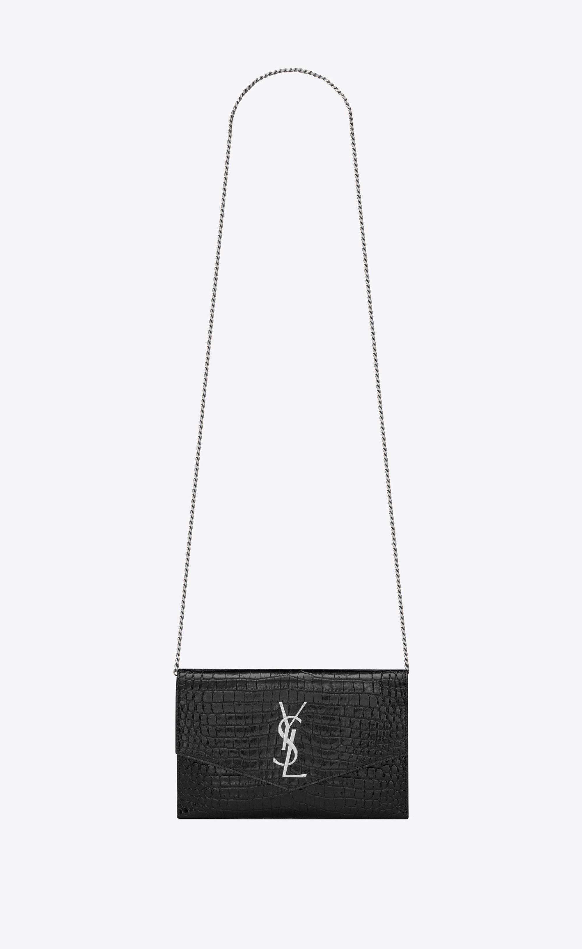Saint Laurent Croc Embossed Monogram Sunset Chain Wallet Black