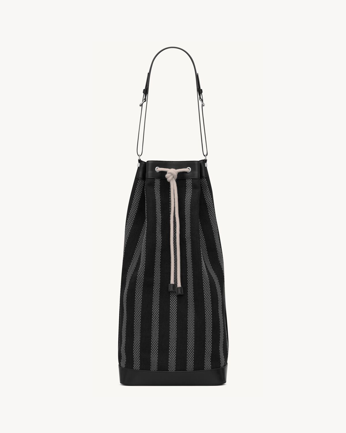 borsa a secchiello lunga in tela e pelle morbida