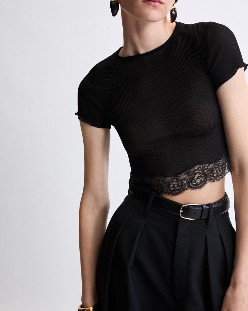 laced T-shirt in ribbed silk
