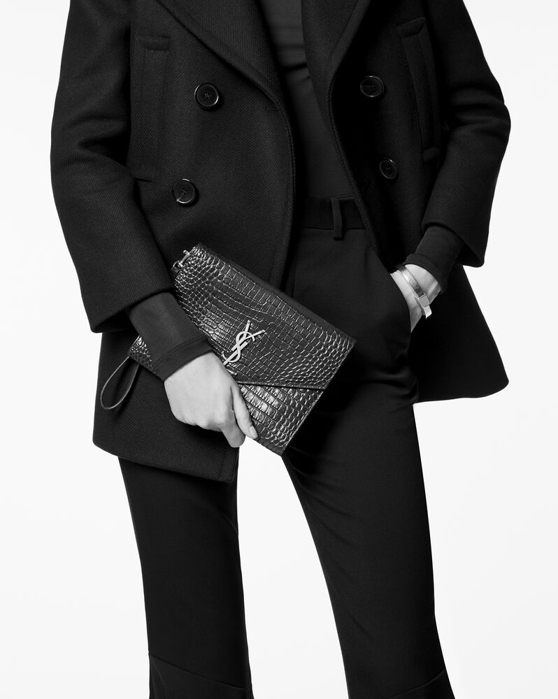 YSL Uptown Pouch, Crocodile Embossed White Leather