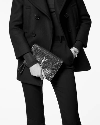 Saint Laurent Ysl-plaque Crocodile-effect Leather Pouch In Schwarz