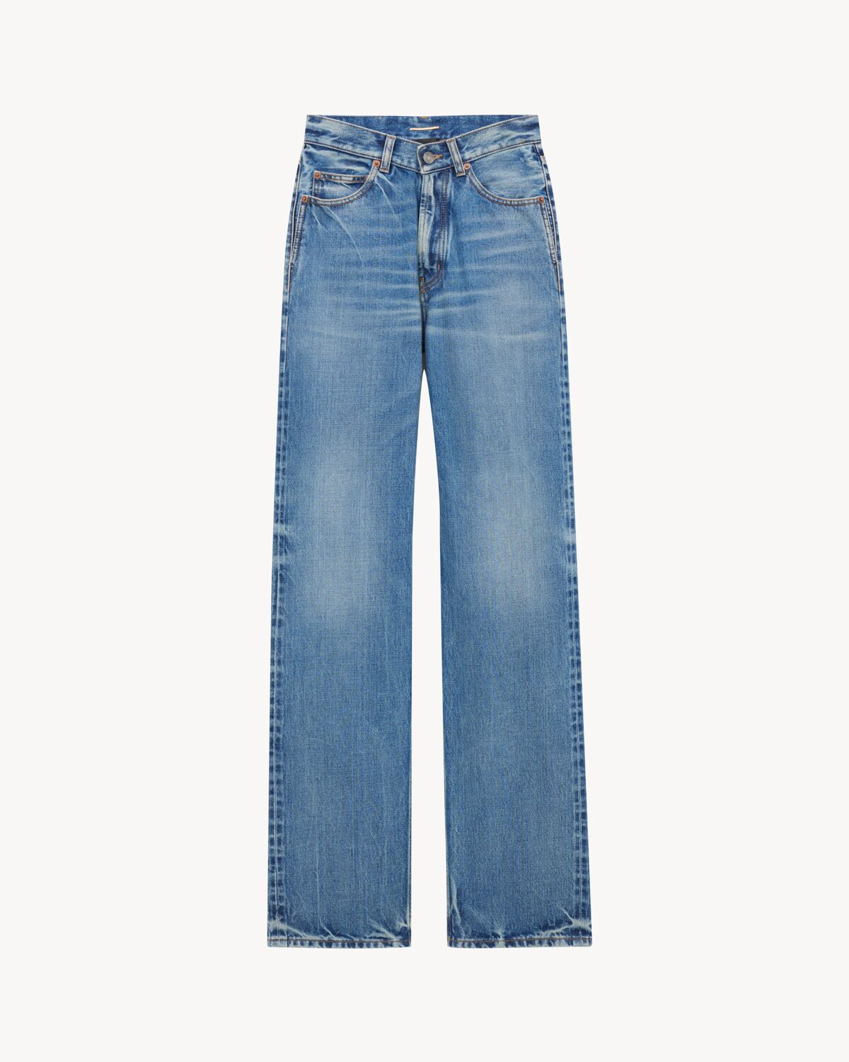 v-waist long baggy jeans in 50's blue selvedge denim