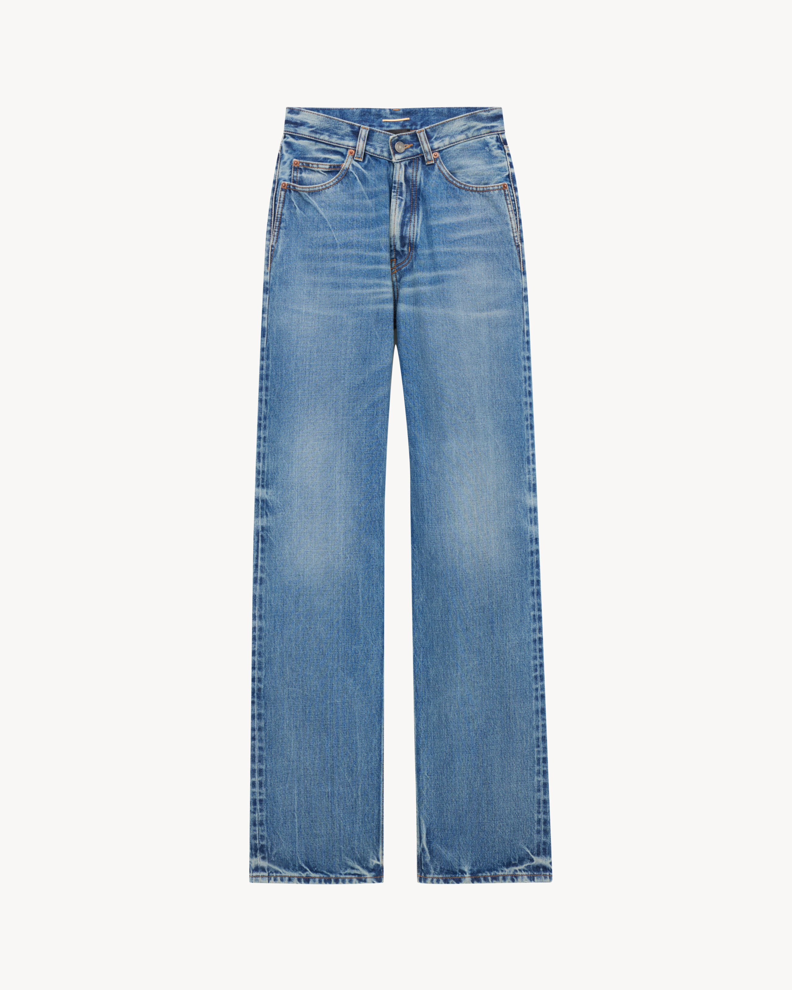 v-waist long baggy jeans in 50's blue selvedge denim