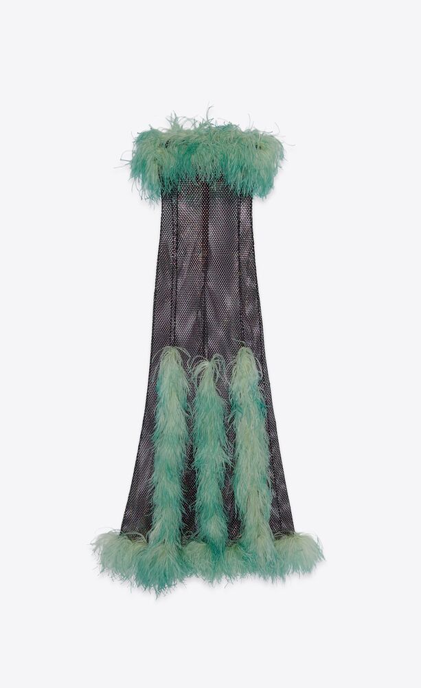 long dress in mesh and feathers