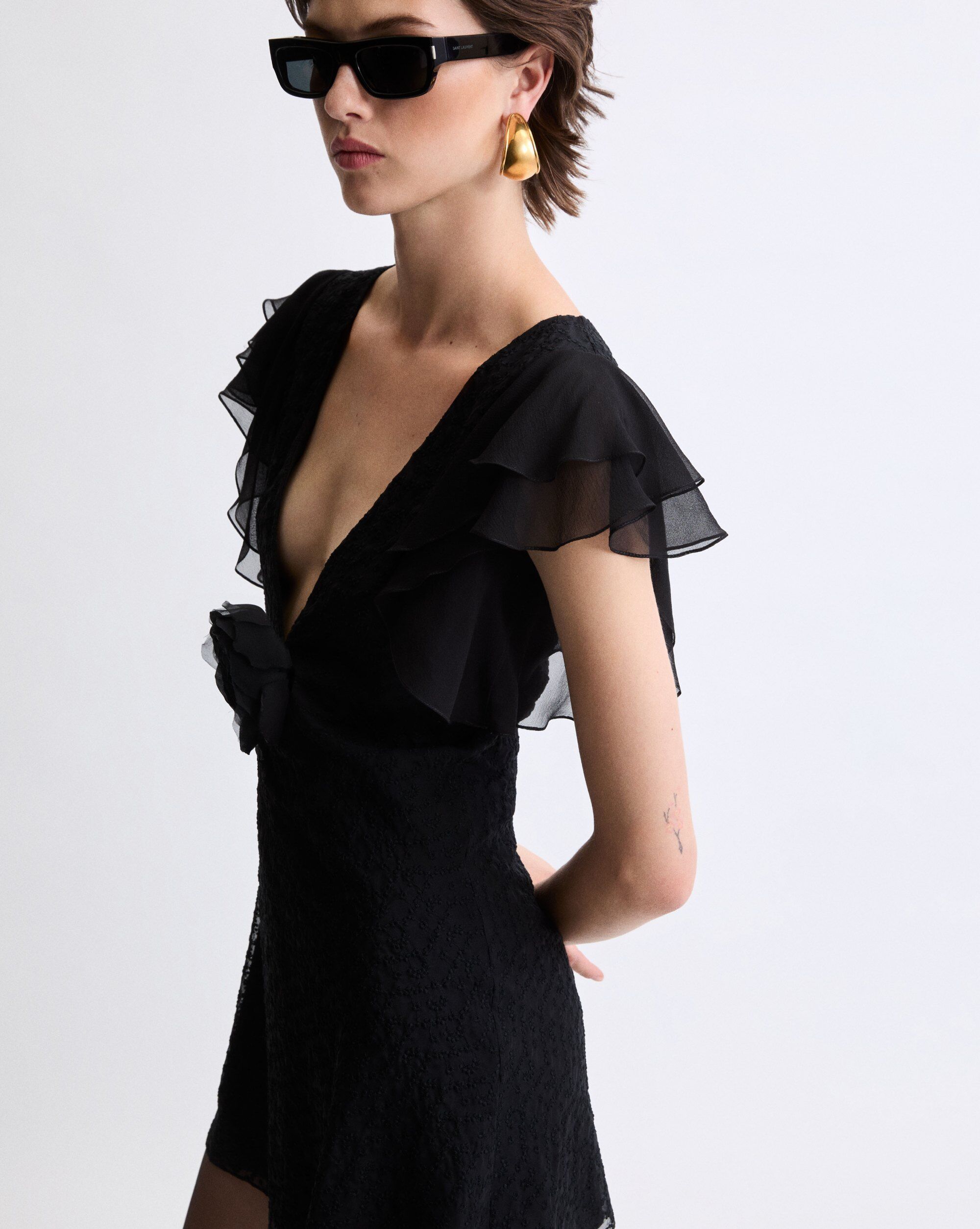 V-neck dress in embroidered muslin