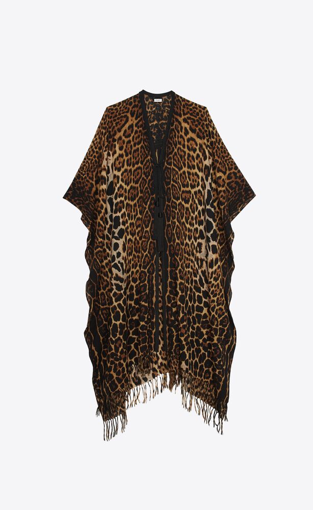 fringed leopard-print poncho in wool canvas
