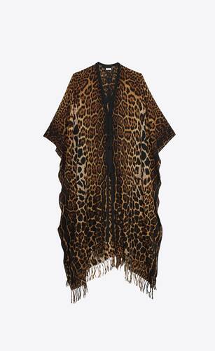 poncho à franges en toile de laine imprimé léopard