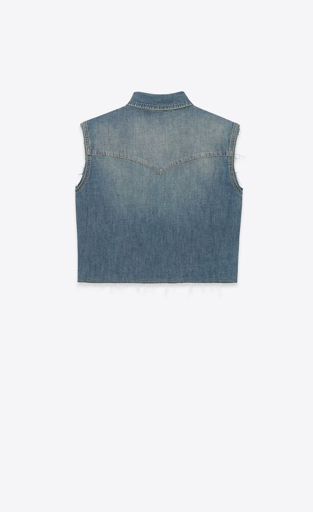 Cropped sleeveless shirt in dusty medium vintage blue denim | Saint Laurent | YSL.com