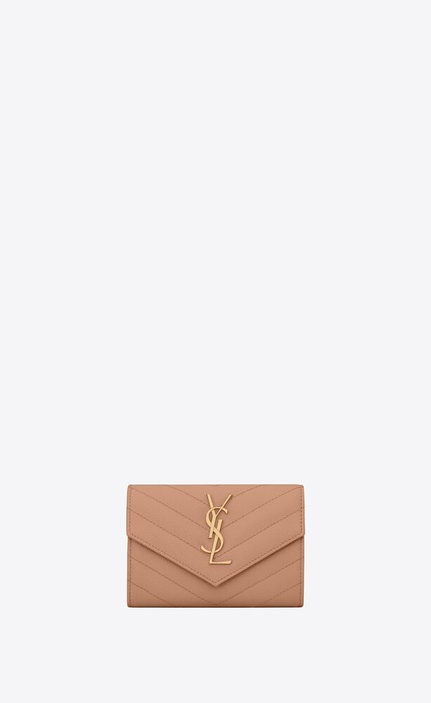Saint Laurent Cassandre Grain De Poudre Envelope Wallet Small Dark Natural  in Matelasse Leather with Gold-tone - US