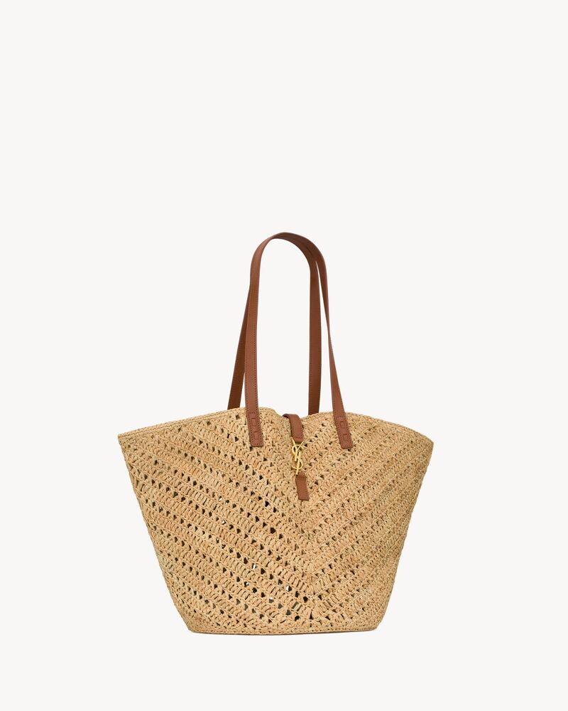 Panier medium en raphia et cuir à tannage végétal