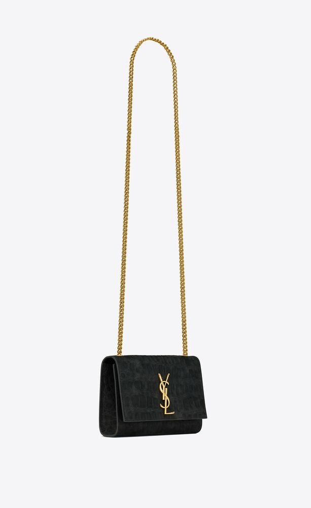 Saint Laurent YSL Monogram Kate Bag Medium Croc Embossed Black