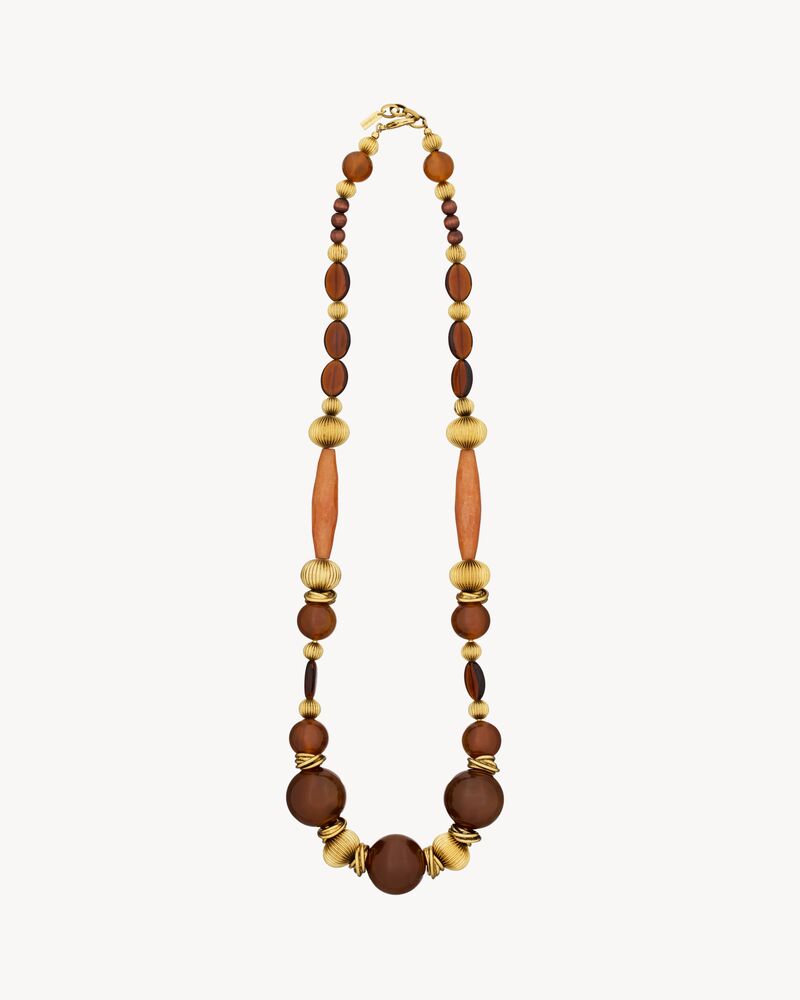 bead necklace in rosewood, resin, and metal