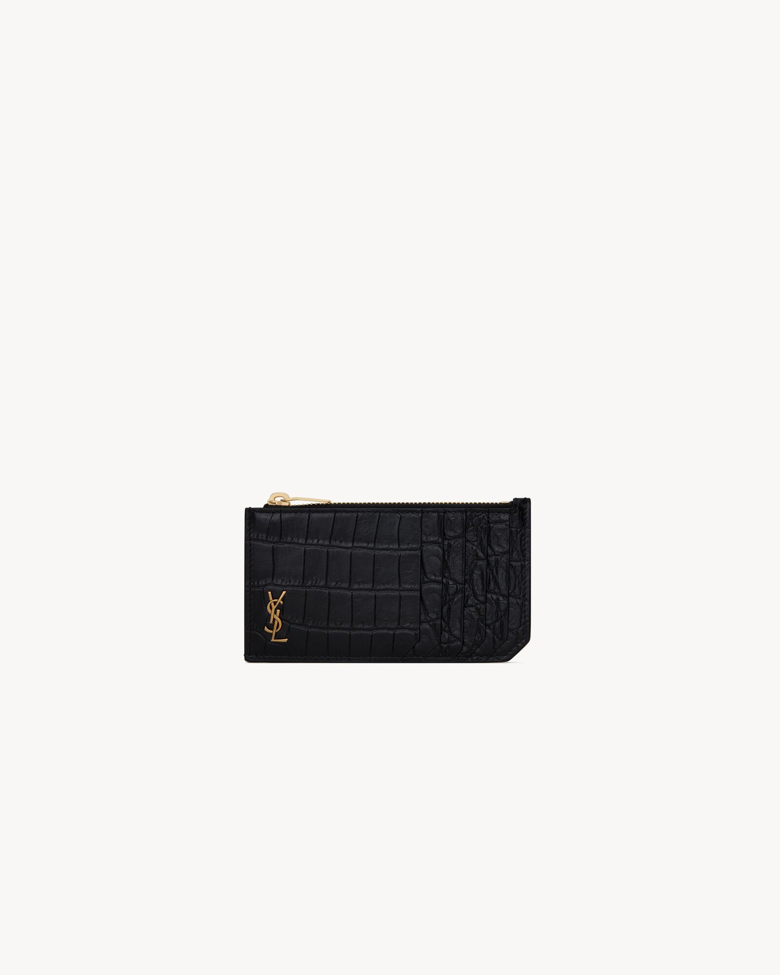 TINY CASSANDRE FRAGMENTS zip card case in crocodile embossed matte leather Saint Laurent YSL