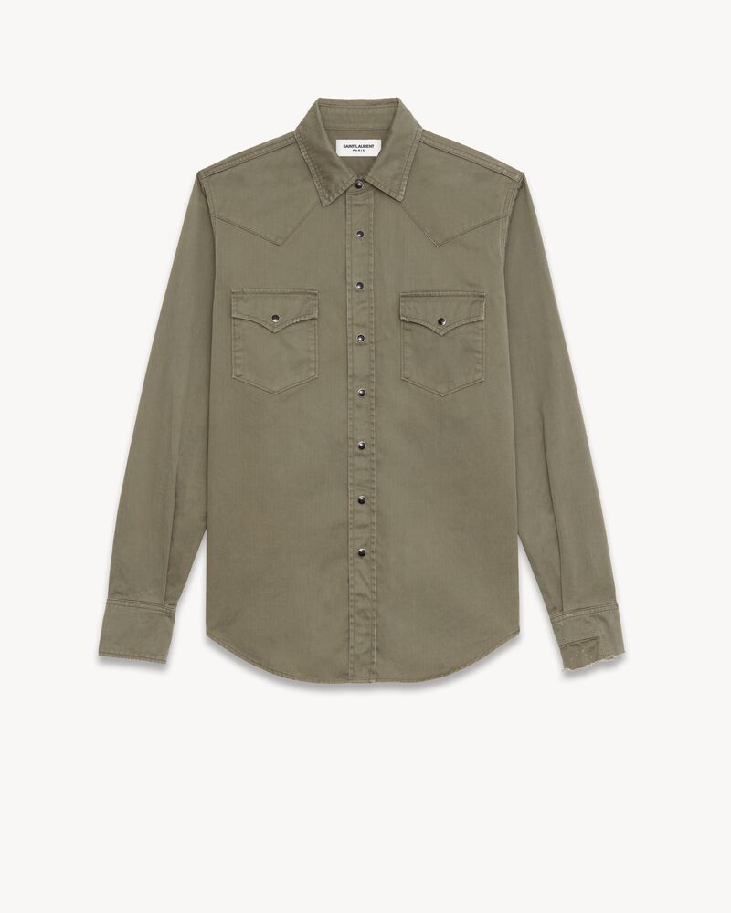 ディストレスド クラシックウエスタンシャツ ストーンウォッシュドデニム カーキ Saint Laurent ディストレスド クラシックウエスタンシャツ ストーンウォッシュドデニム カーキ Saint Laurent