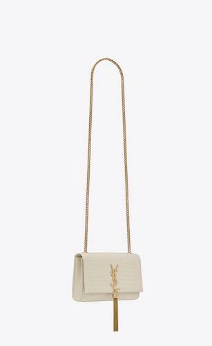 Saint Laurent Kate Small Chain Bag With Tassel In Embossed Beige
