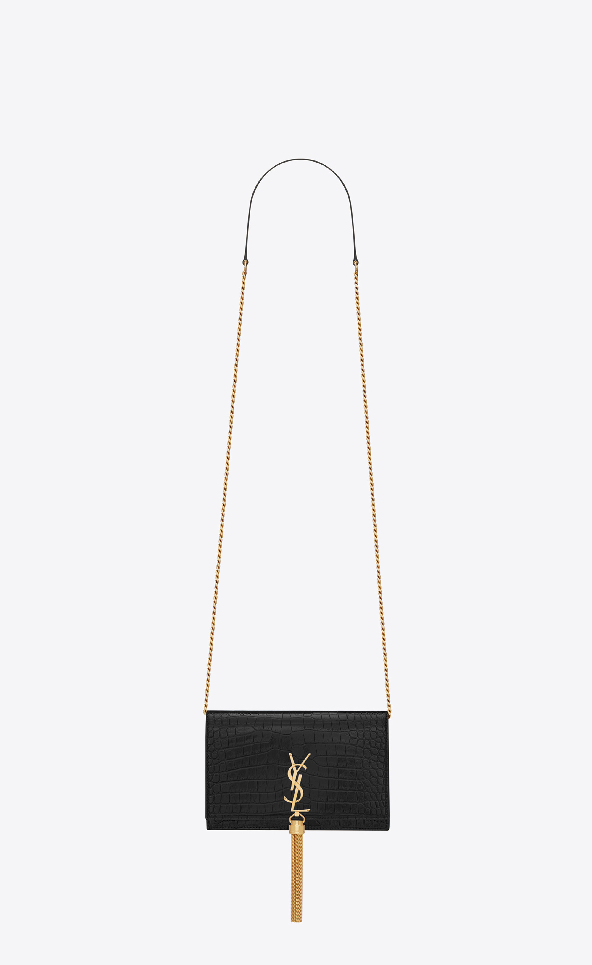 kate chain wallet with tassel in crocodile-embossed shiny leather