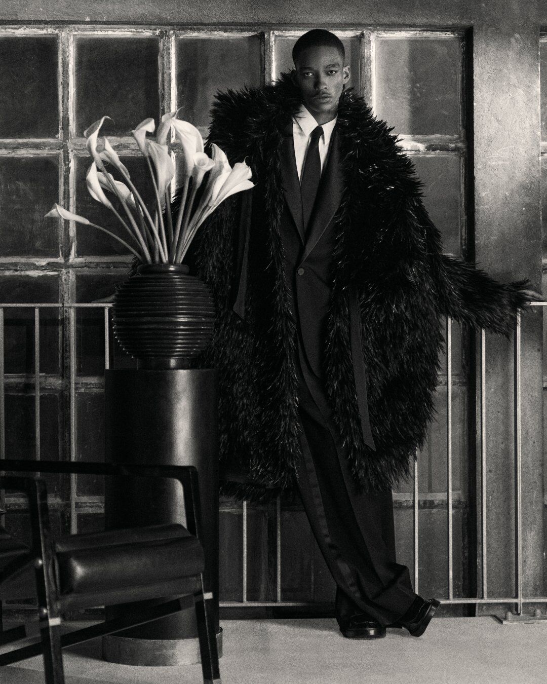coat in silk organza and feathers