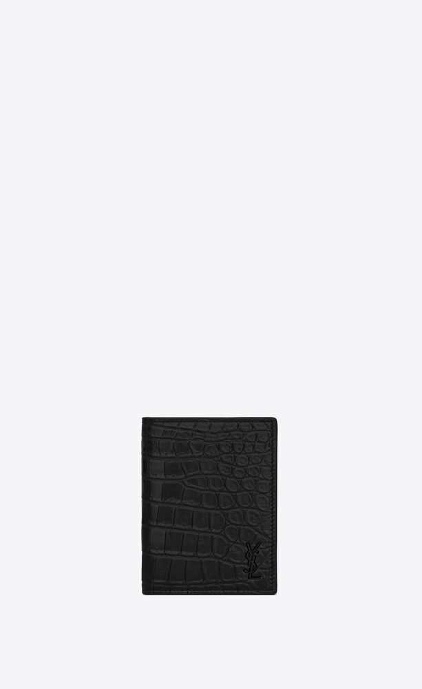 tiny cassandre credit card wallet in crocodile-embossed matte leather