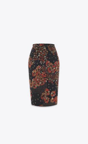 70年代风格花卉桑蚕丝平纹细布铅笔裙