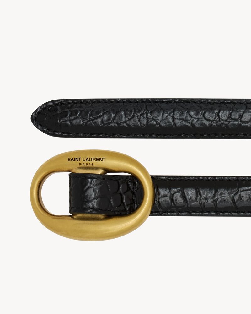 oval buckle thin belt belt in crocodile-embossed leather